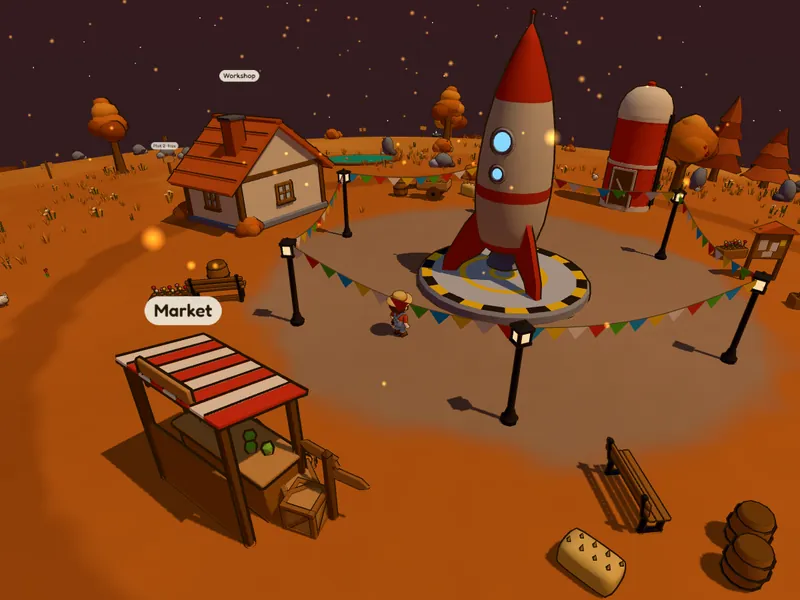 Ember: orange ground, dark trees and a market stall under a black starry sky, with an ore rock ready to mine.