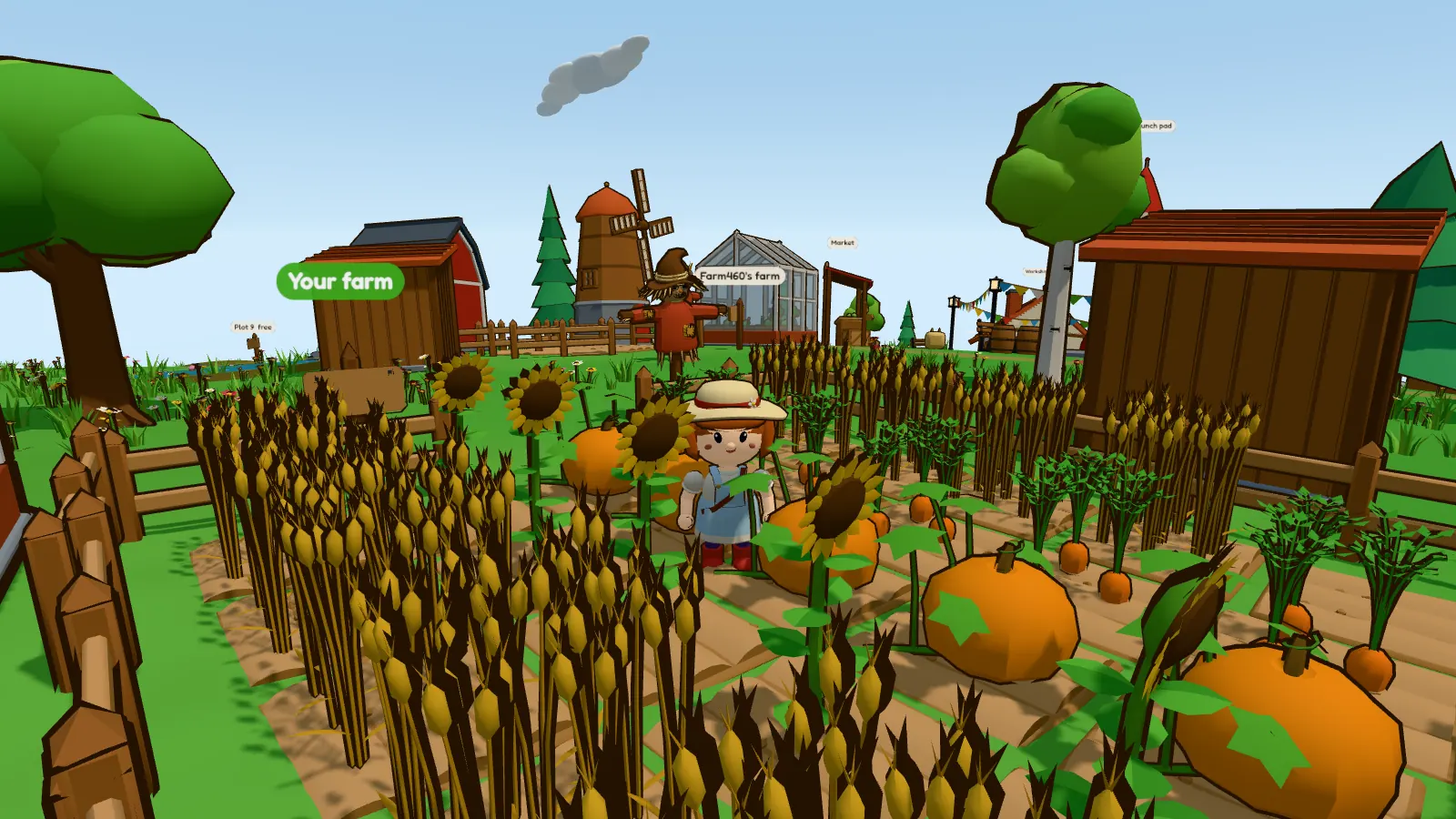 Close up of a farm plot: rows of ripe wheat, carrots, pumpkins and sunflowers inside a wooden fence, with the woman farmer standing among them and a red barn behind.