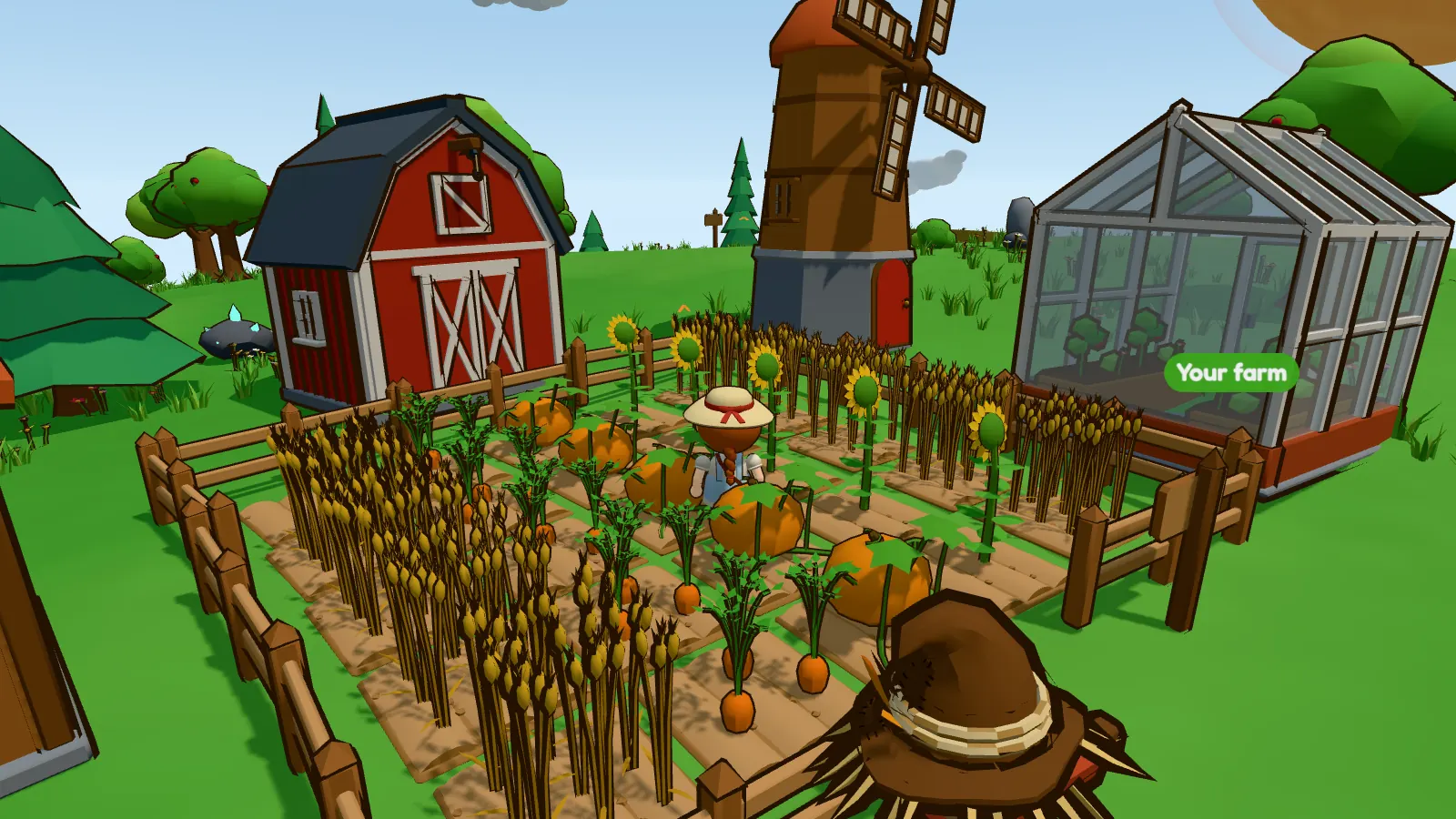A full farm on Verdant: a fenced plot of ripe wheat, carrots, pumpkins and sunflowers with the woman farmer in the middle, a red barn, a windmill and a greenhouse behind it, and a scarecrow in front.