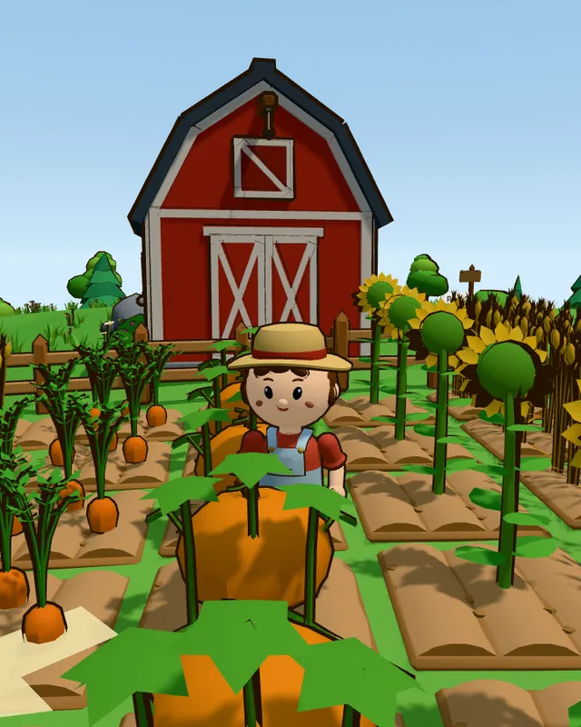The man farmer in a straw hat and dungarees, standing in a field of carrots and wheat.
