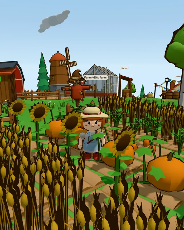 The woman farmer in a straw hat with a red band and a braid, standing among sunflowers and pumpkins.