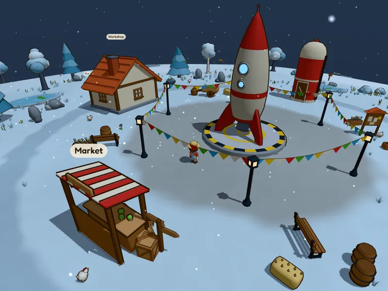 Frost's town: pale blue snow, frosted pines and the rocket under a dark sky.