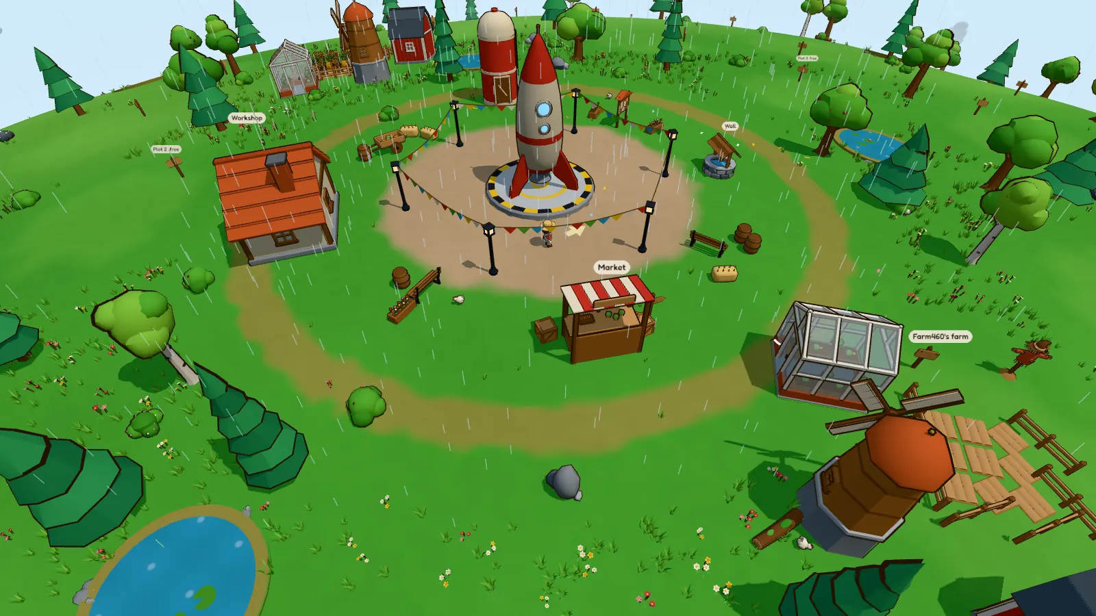 The town on Verdant: a market stall, the workshop, the well and the rocket standing on its launch pad.