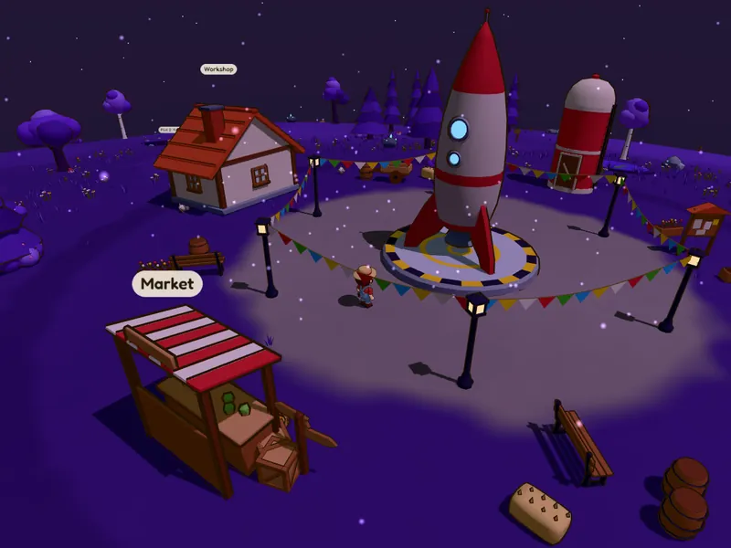 Umbra's town: violet ground and purple trees under a black sky.