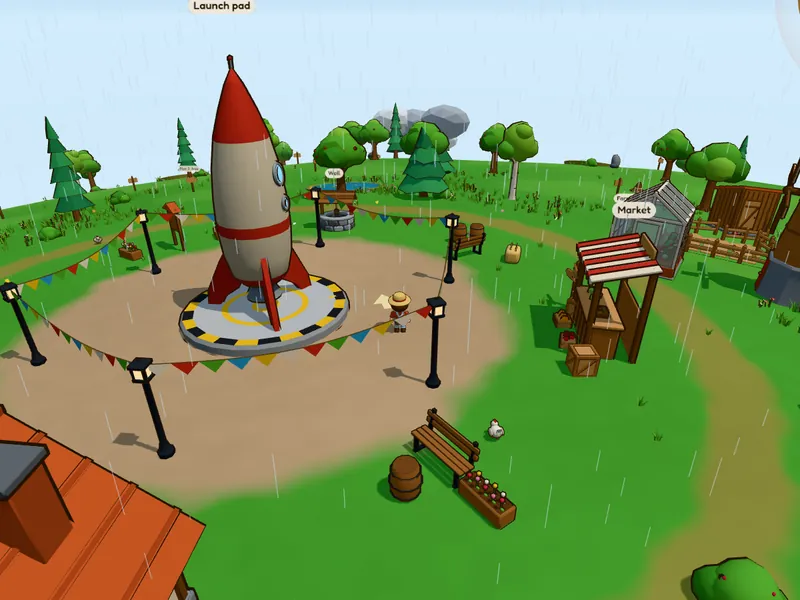 Verdant's town: green grass, pine trees, bunting and the rocket on its pad.